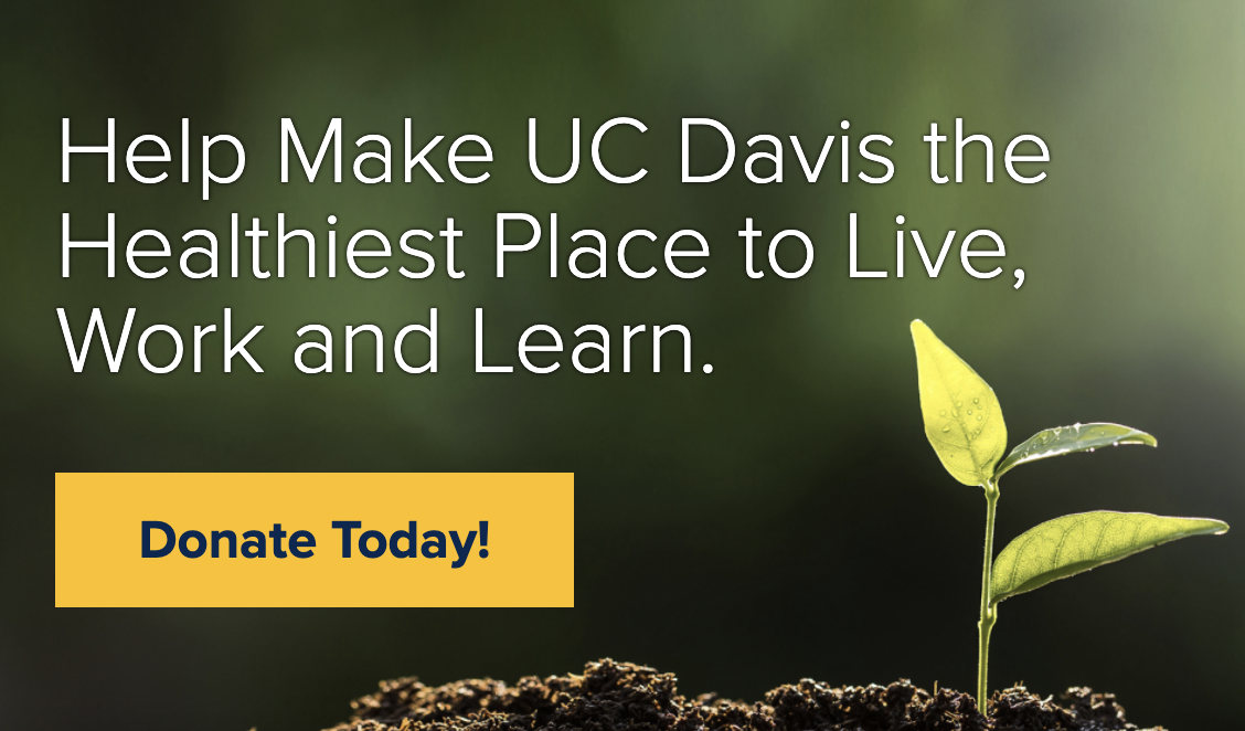 Help make UC Davis the healthiest place to live, work and learn. Donate today! text on image of small plant