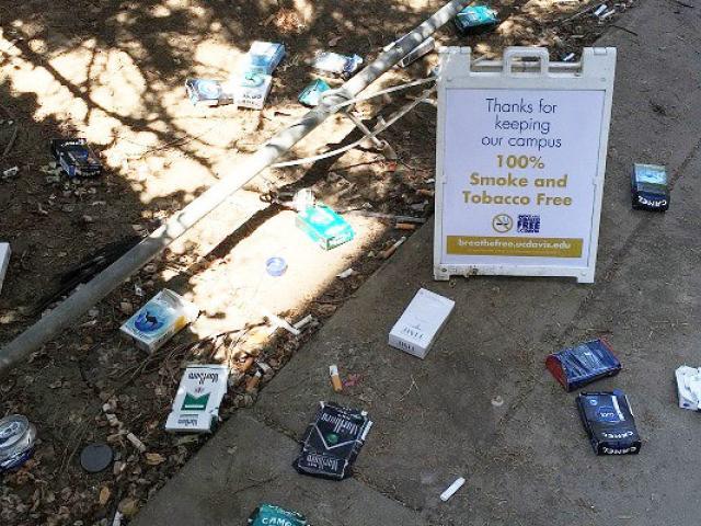 A frame sign about smoke and tobacco free surrounded by cigarette and vape litter