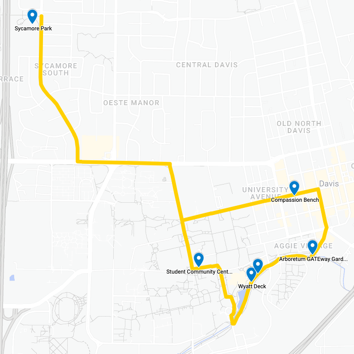 Map shows route in gold, with stops in Sycamore Park, Student Community Center, Wyatt Deck, Redwood Grove, the Arboretum GATEway Garden and Compassion Bench.