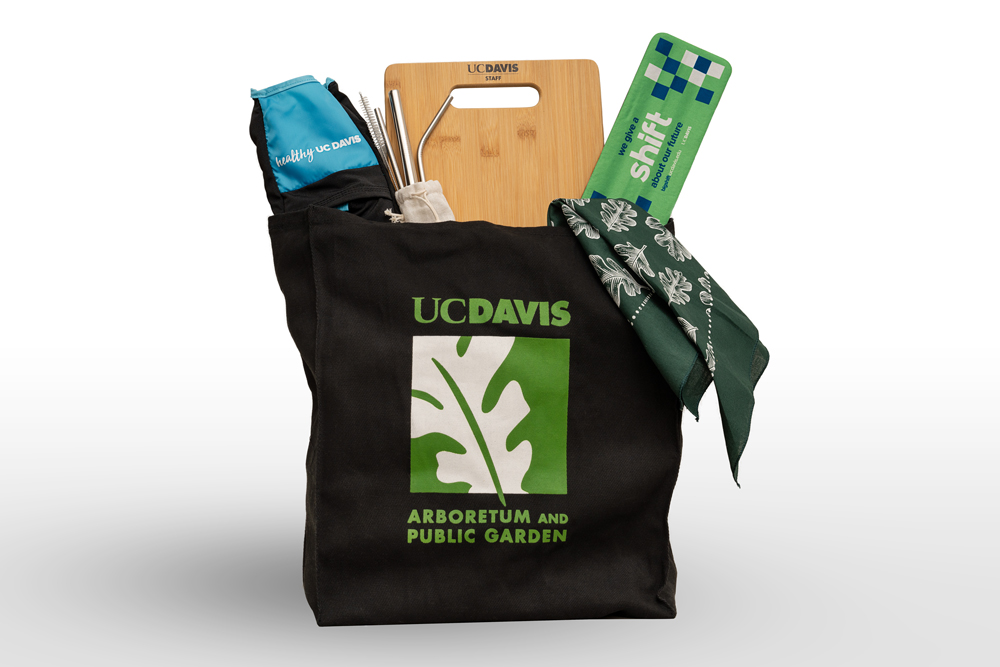 Image of swag bag of prizes including a UC Davis Arboretum and Public Garden tote bag and more!