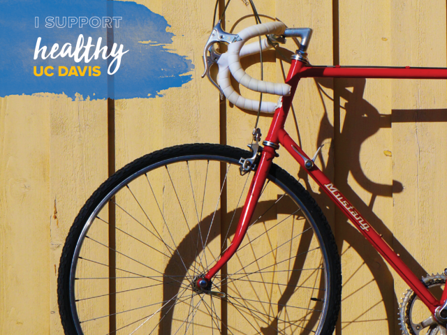 a red bicycle against a yellow wall, with the text I support Healthy UC Davis in the upper left hand corner.